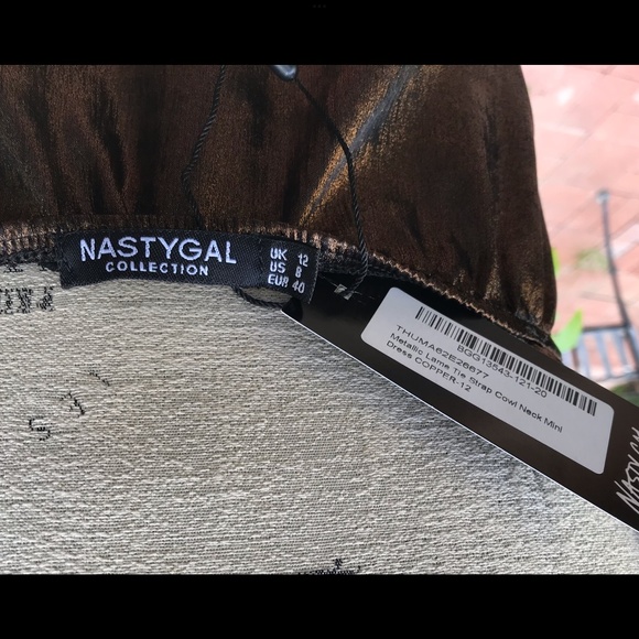 Nasty Gal Bronze Metallic Lamé Tie Strap Cowl Neck Mini Dress USA Size 8 - Picture 5 of 7